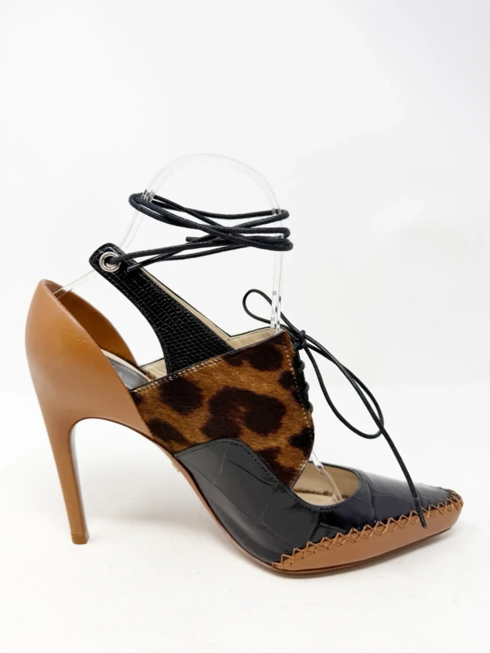 Christian Dior Leopard Calf Hair Lace Up Heels Pointed Toe Womens Size EU 37.5